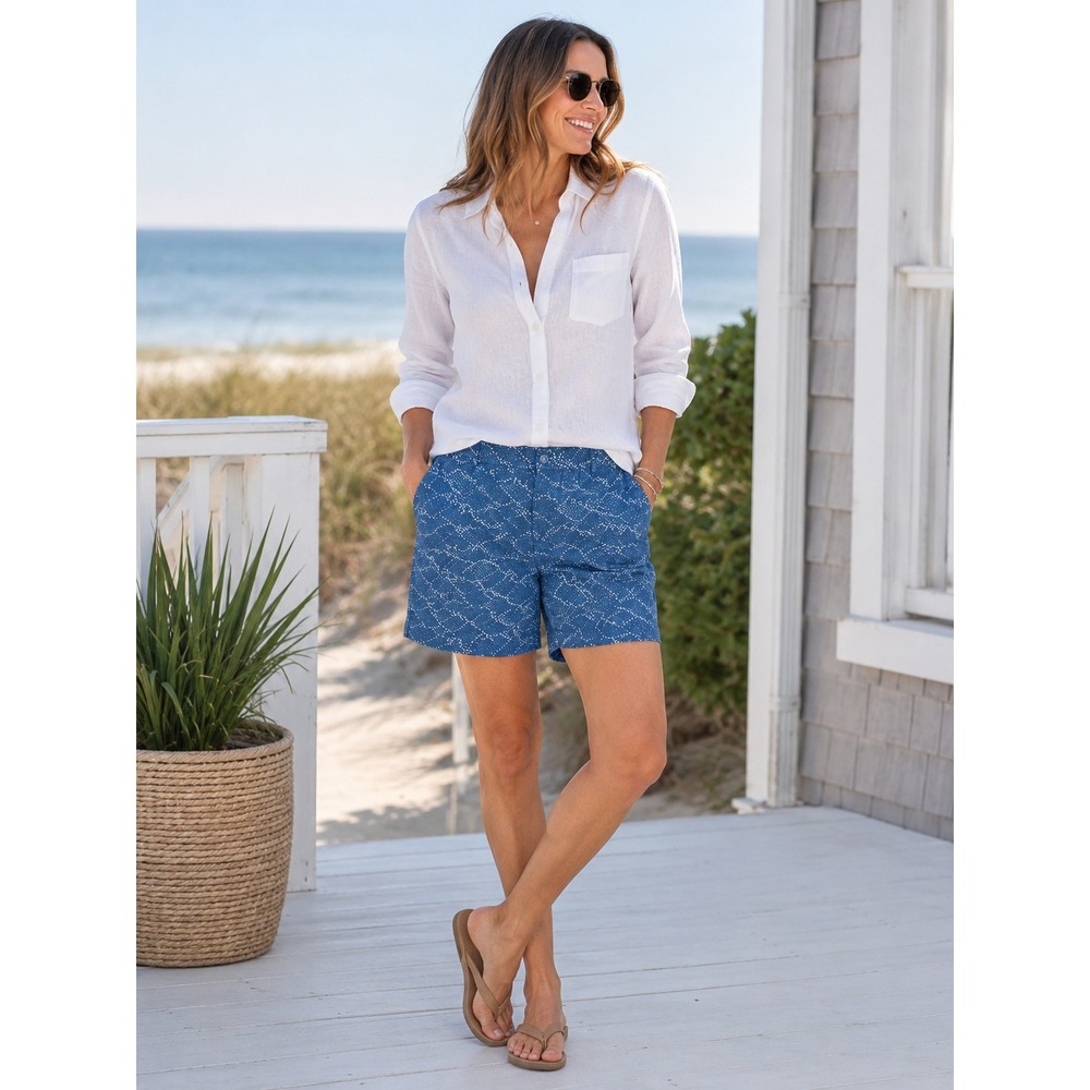 Lands End Womens 16 Blue Coastal Print Shorts Preppy Nautical Summer Chino